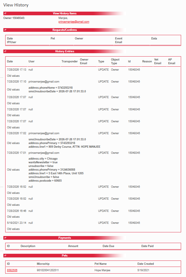 Microchip account history showing registration to Prince Manjee